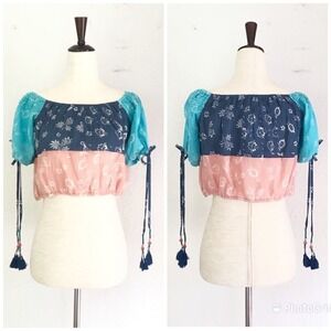 Anthropologie KOPAL‎ Crop Top Small Blue Off The Shoulder Boho Patchwork Hippie